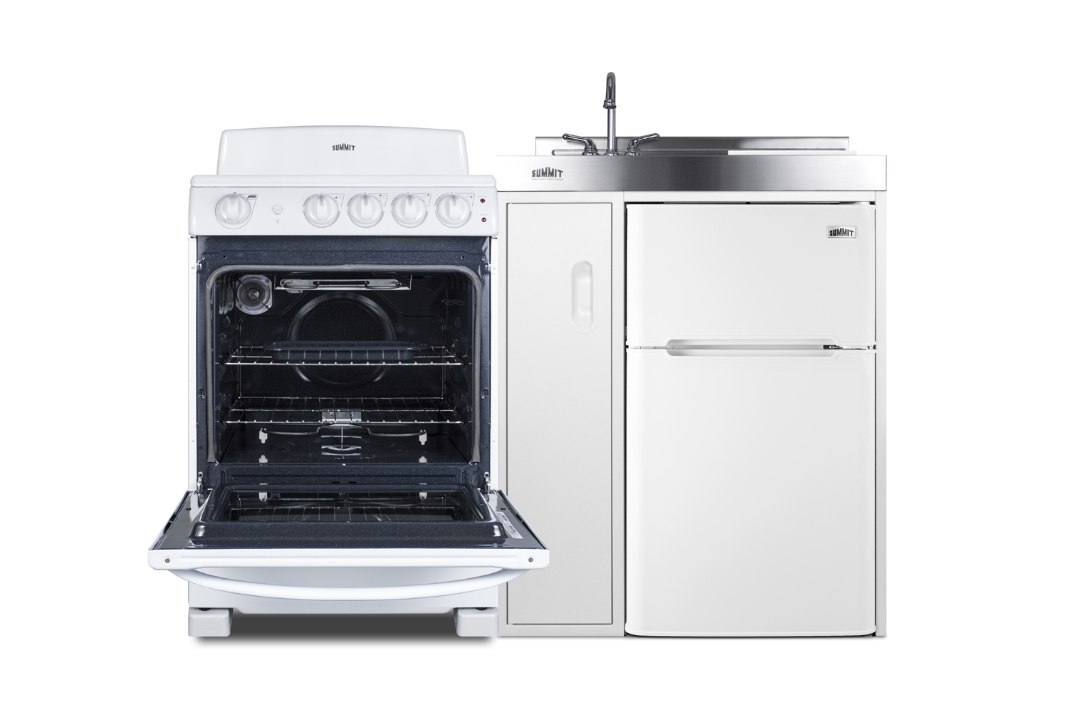 54 inch wide all-in-one kitchenette with 220V 4-element electric coil range, refrigerator-freezer, sink, cutting board and cutlery storage, and a storage cabinet